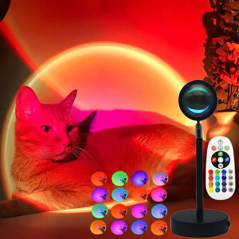 A cat laying on a table next to a remote control light