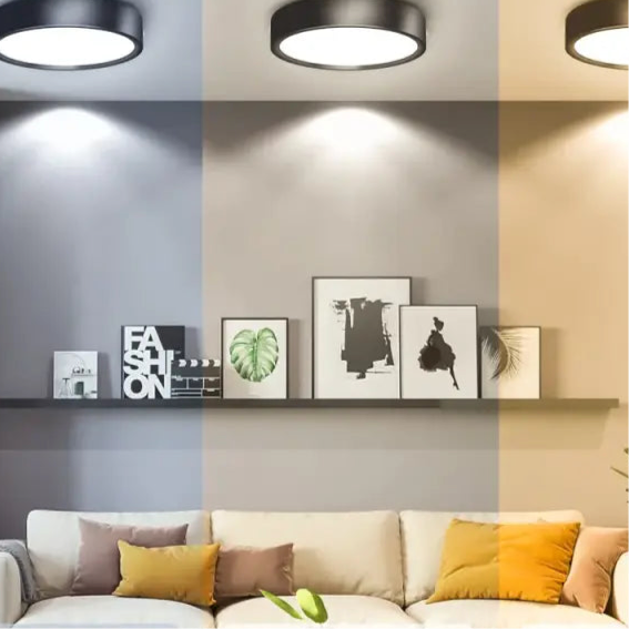 Ceiling-mounted light fixtures demonstrating different color temperatures.