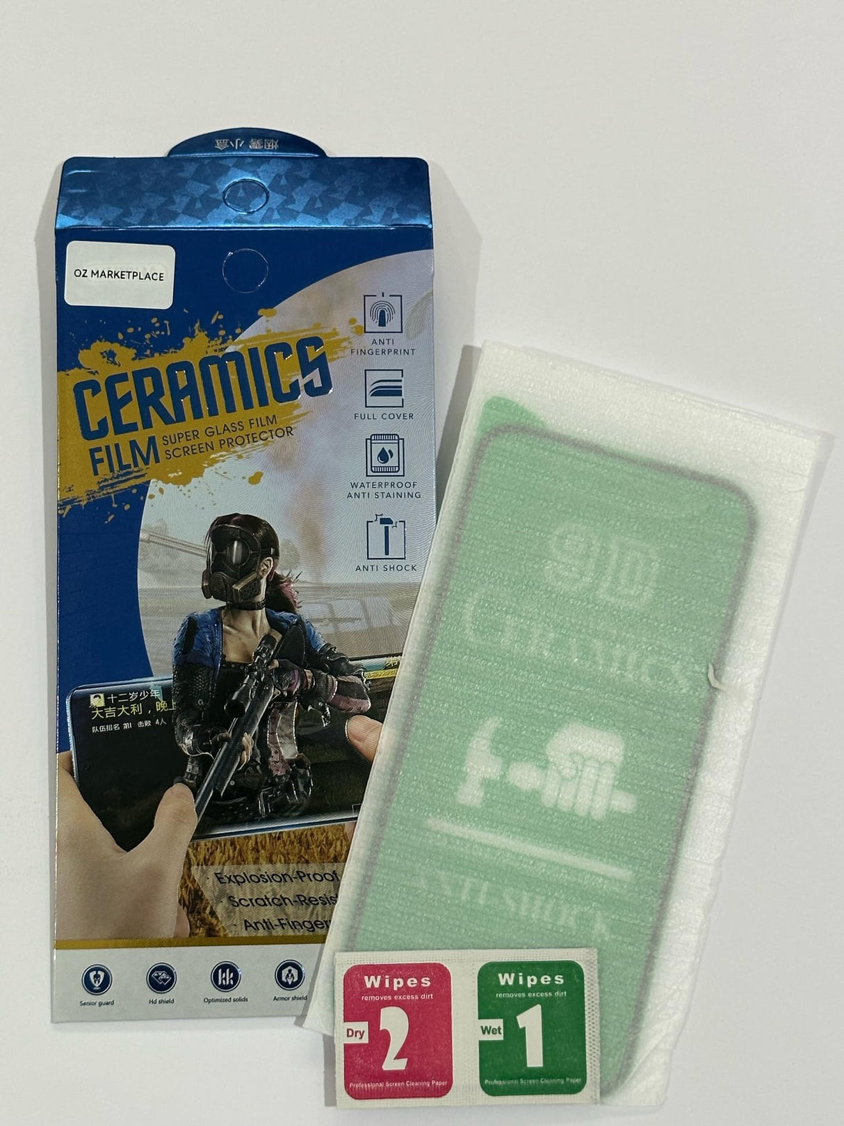 Ceramics film screen protector with cleaning wipes.