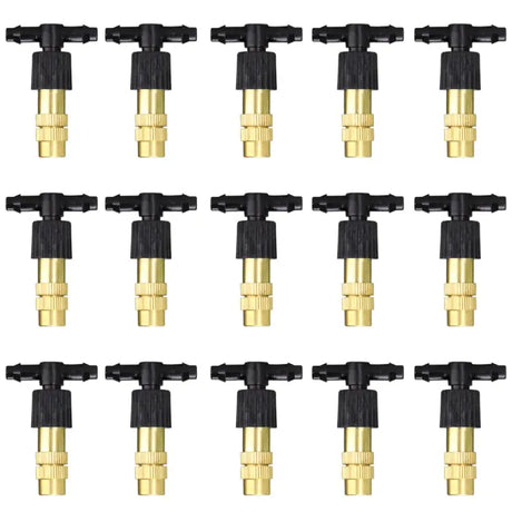 a set of six brass tone water valves with nozzles
