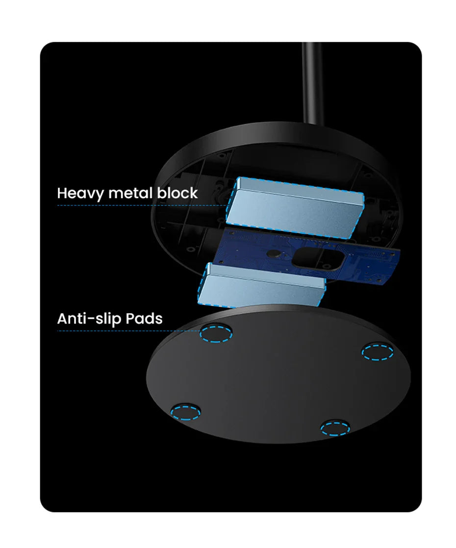 Circular base with anti-slip pads and a heavy metal block attached.