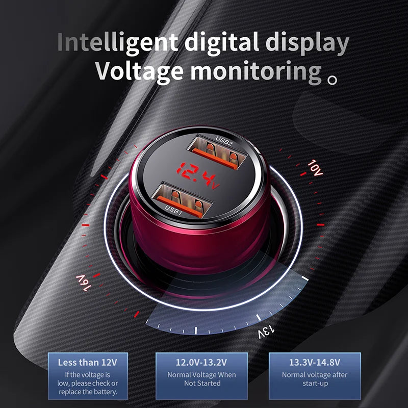 Circular car charger with a digital voltage display and red LED readout.