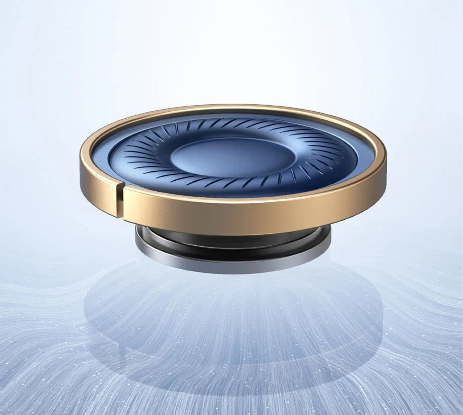 Circular device with a gold rim and blue spiral-patterned interior, resembling a high-tech speaker or sensor.