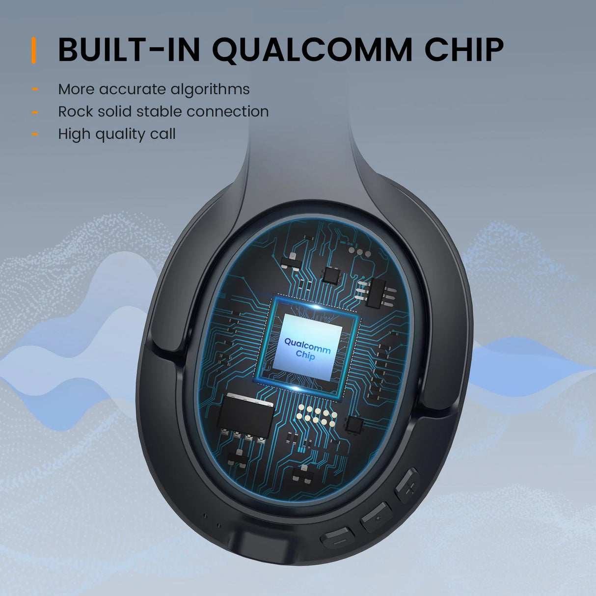 Circular electronic device featuring a Qualcomm chip with circuitry visible through a transparent display.