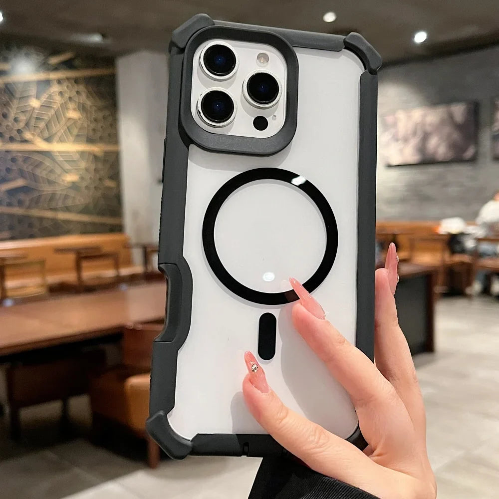 A clear, black-edged smartphone case with a circular MagSafe ring.