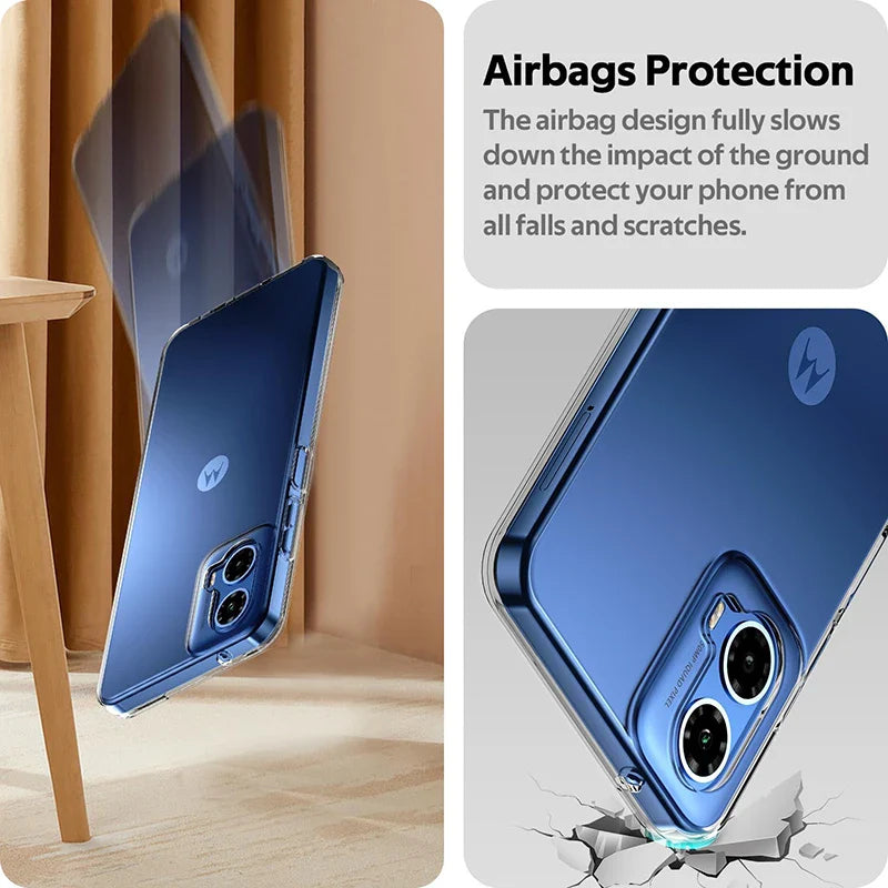 Clear blue ultra thin silicone soft case with airbag protection for motorola edge and g series back side view