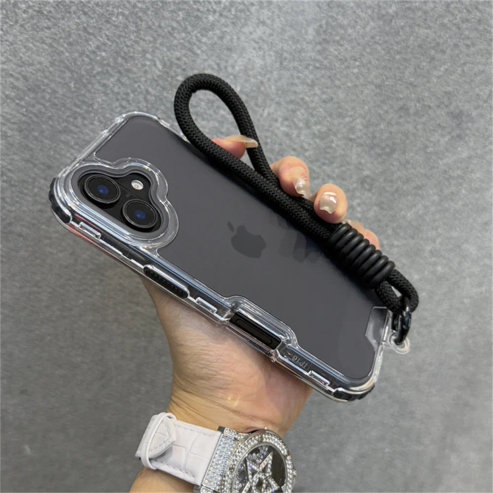 Clear iPhone case with black lanyard.