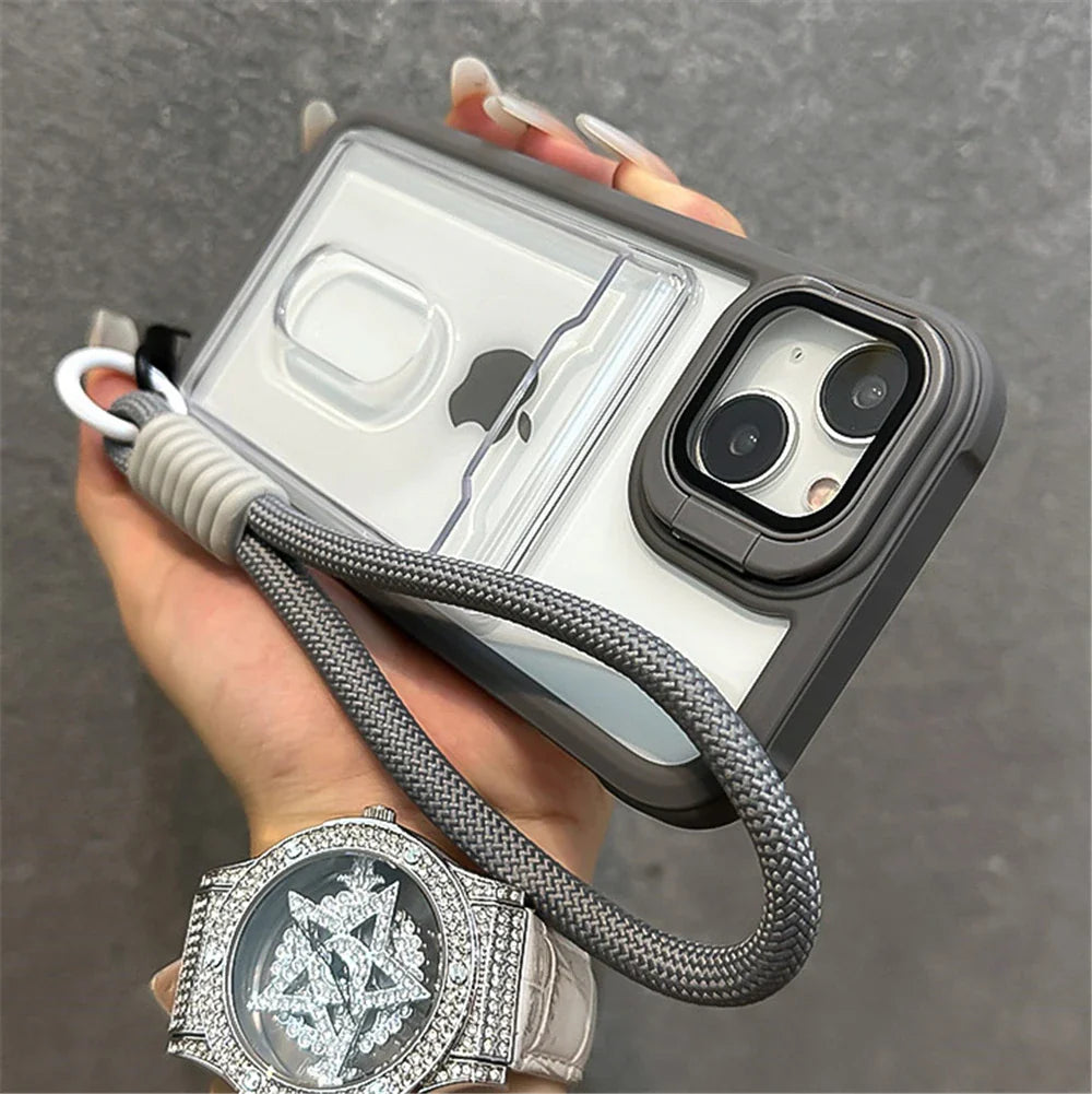 Clear iPhone case with gray bumper and wrist strap.