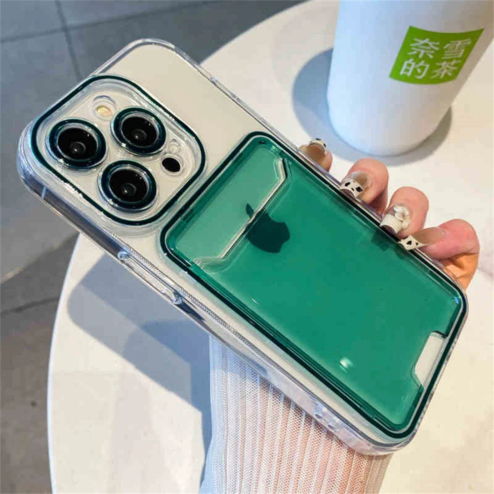 Clear iPhone case with green liquid compartment.