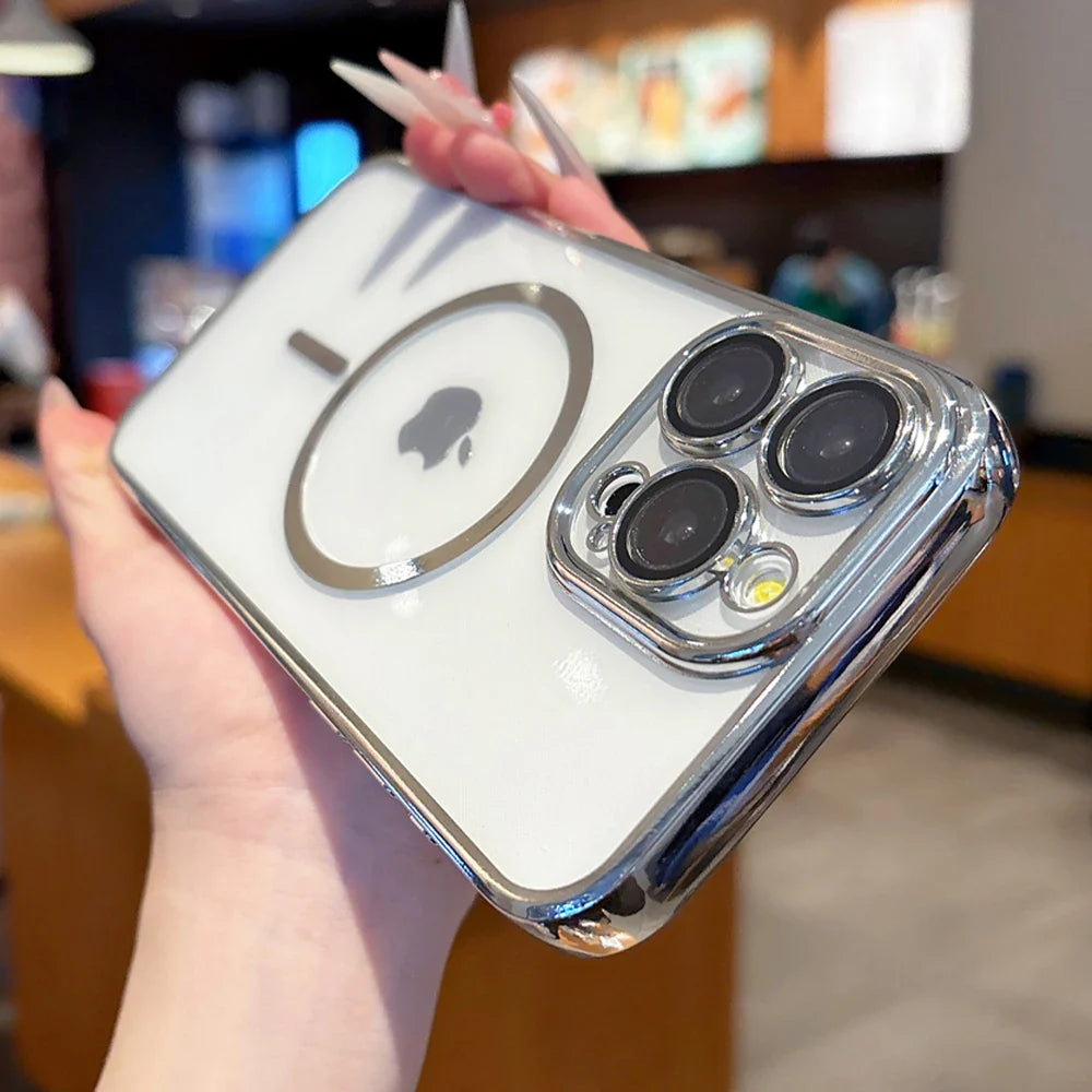 Clear iPhone case with a magnetic ring and chrome camera lens protectors.