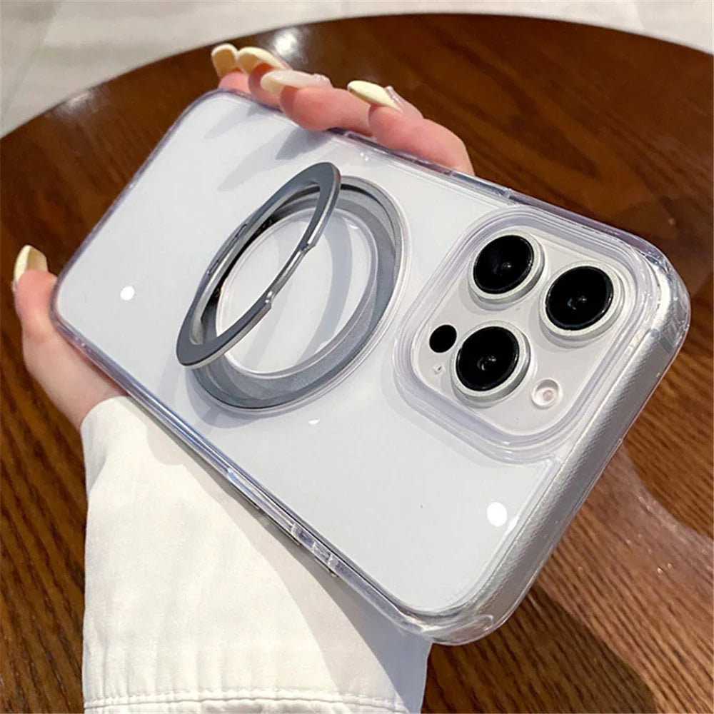 Clear iPhone case with ring stand.