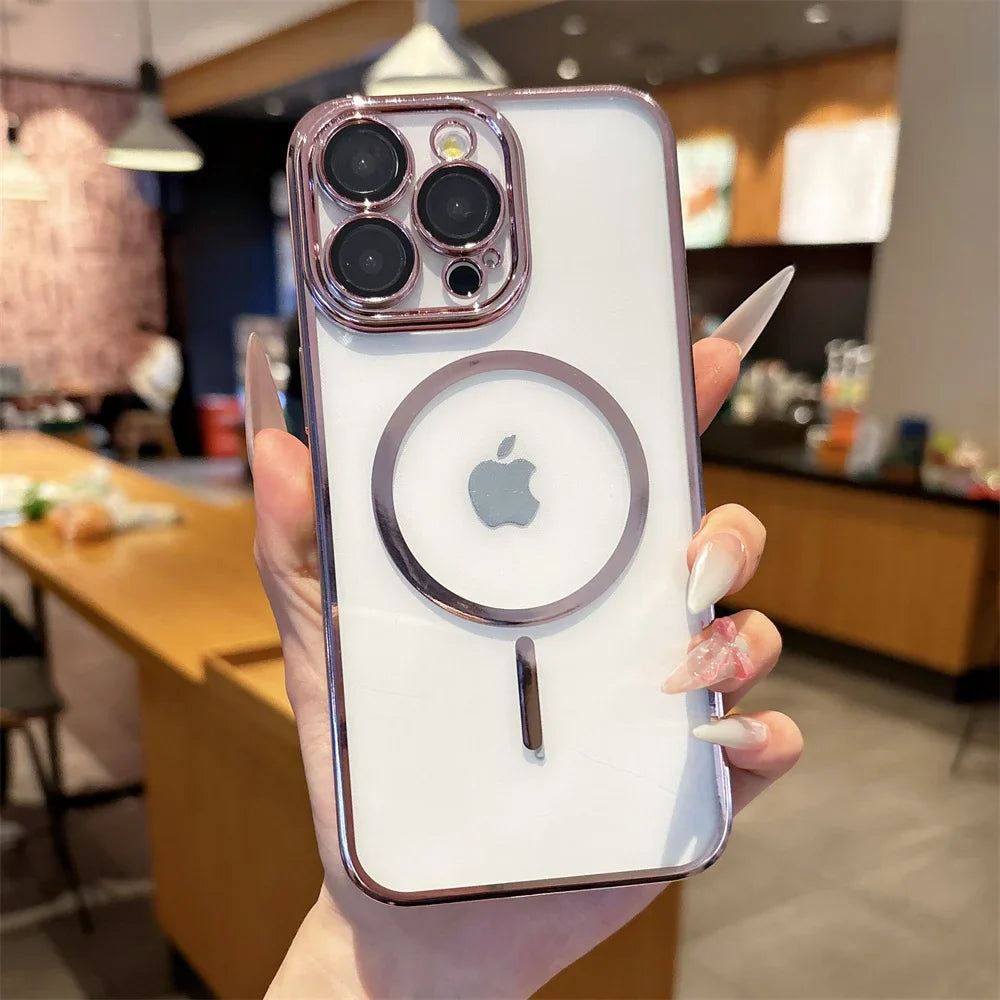 Clear iPhone case with rose gold metallic accents and MagSafe compatibility.
