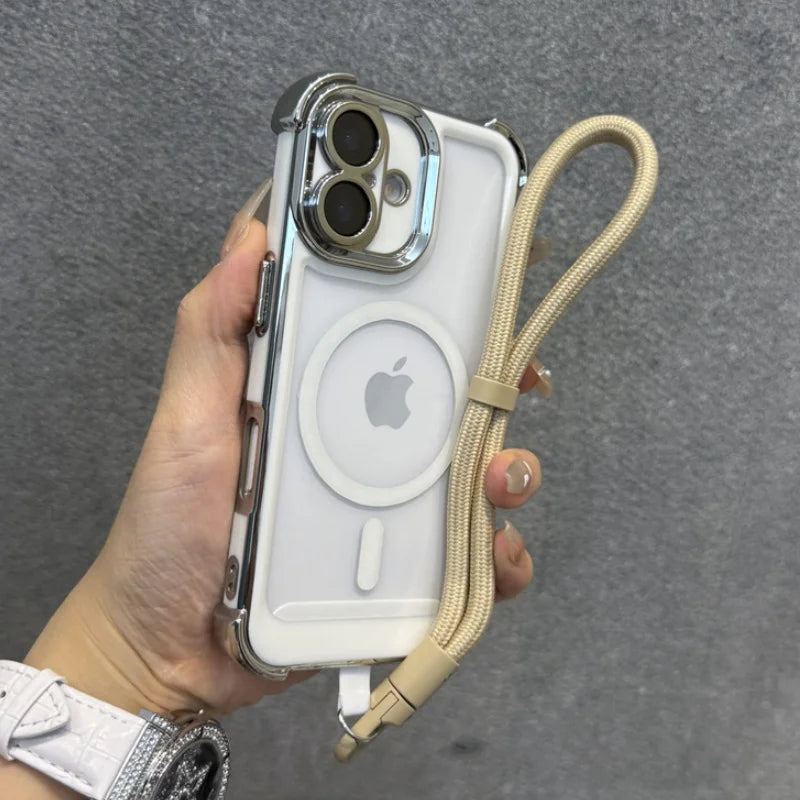 Clear iPhone case with a silver camera protector, a beige braided lanyard, and a MagSafe ring.