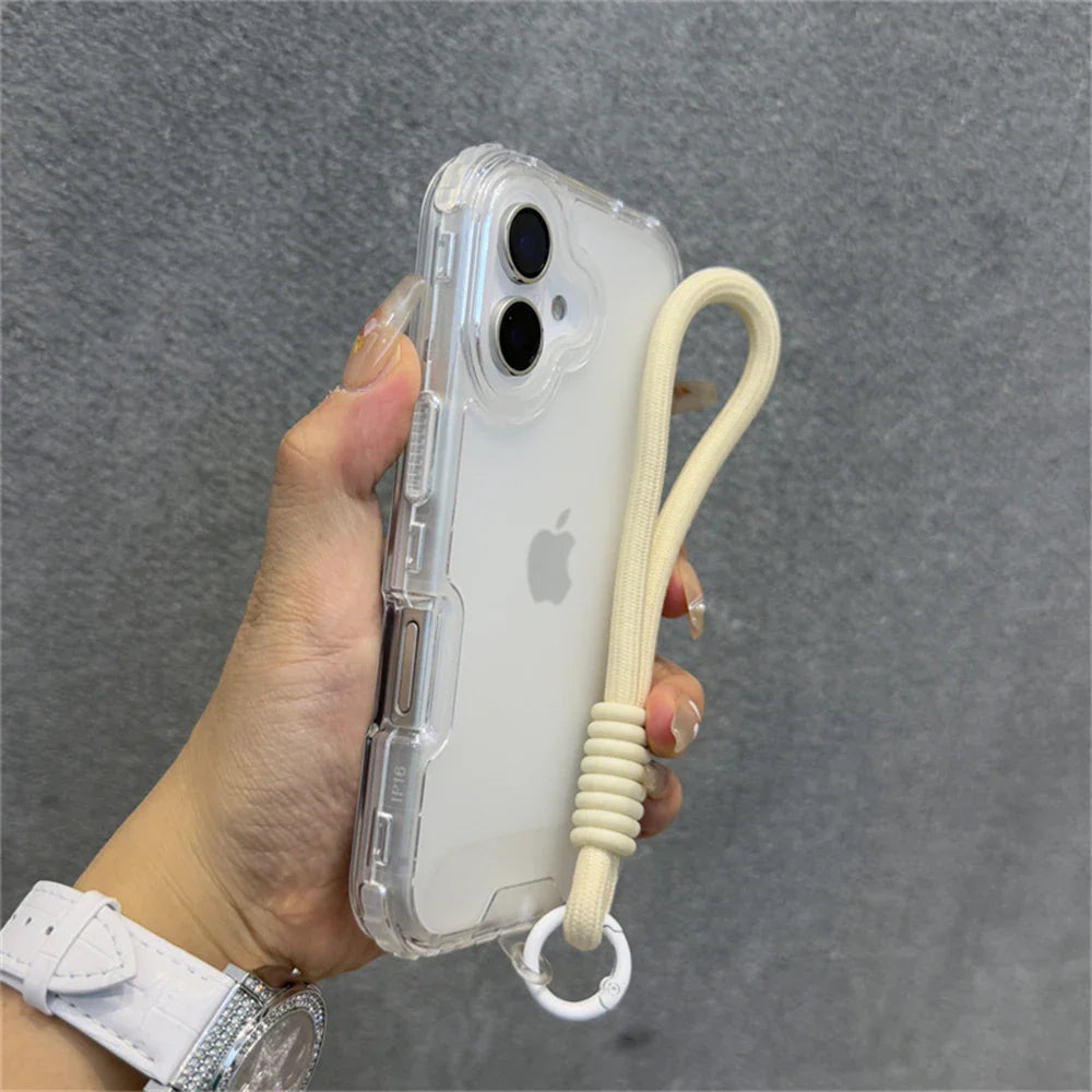 Clear iPhone case with wrist strap.