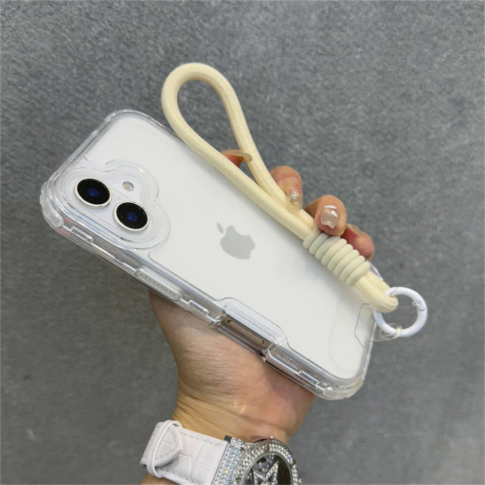 Clear iPhone case with wrist strap.