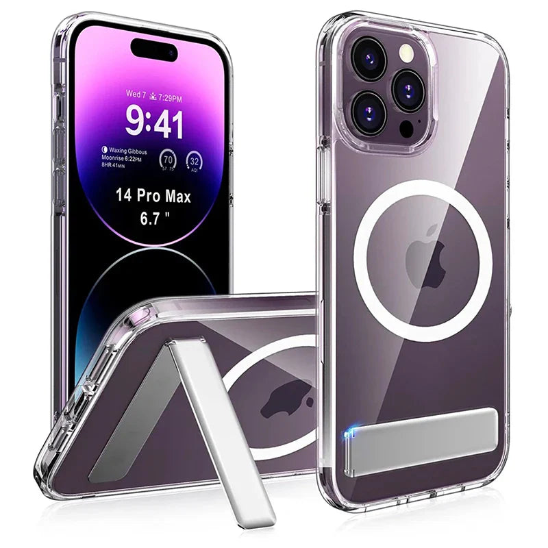 Clear iPhone cases with kickstands.