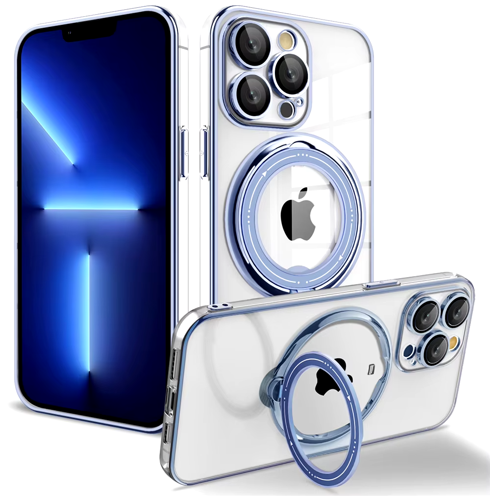 Clear iPhone cases with magnetic ring stands.