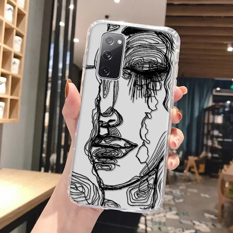 Clear phone case for samsung galaxy with black and white abstract art design featuring stylized face illustration