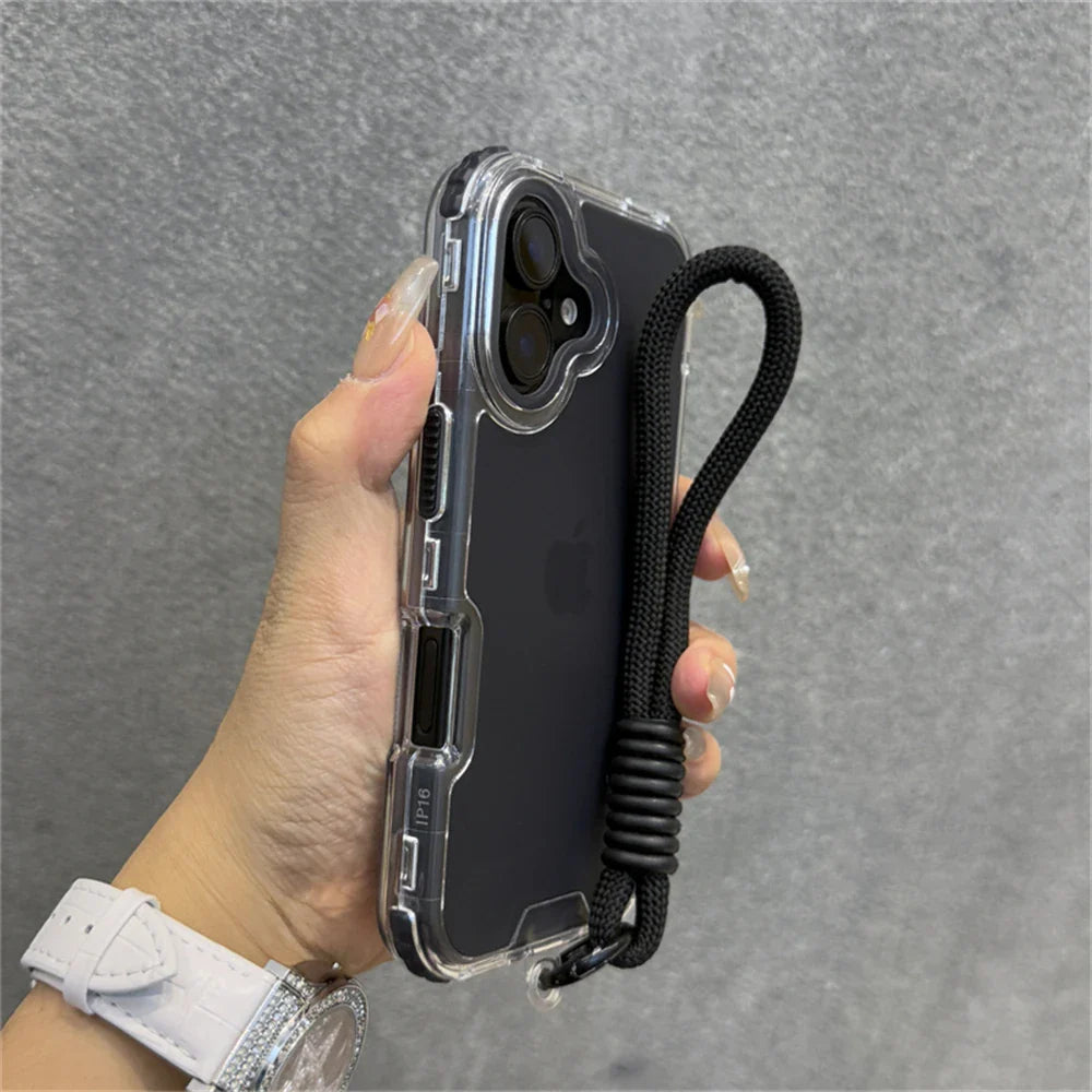 Clear phone case with black lanyard.