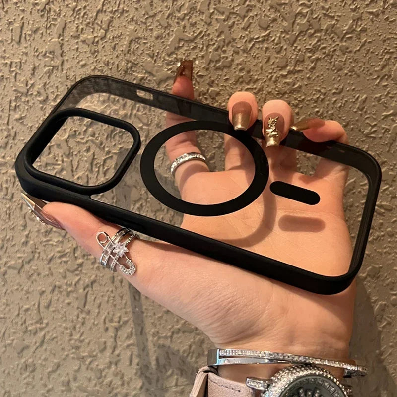 Clear phone case with black bumper.
