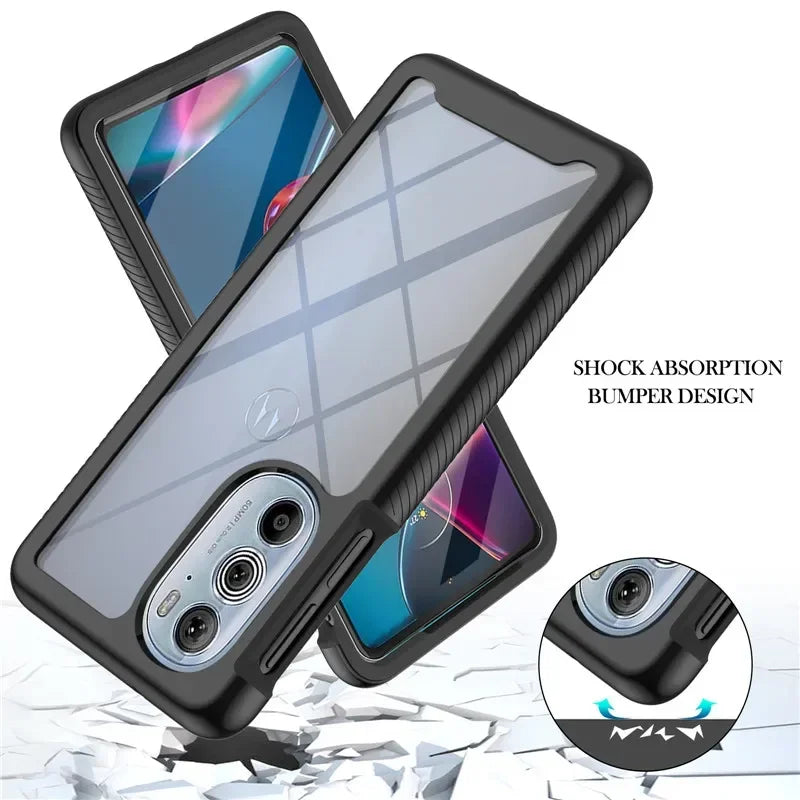 A clear phone case with black shock-absorbing bumpers.