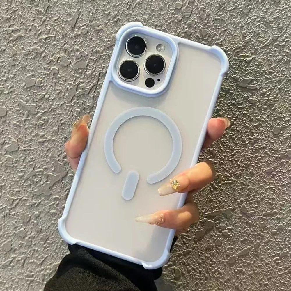 Clear phone case with blue trim and magnetic ring.