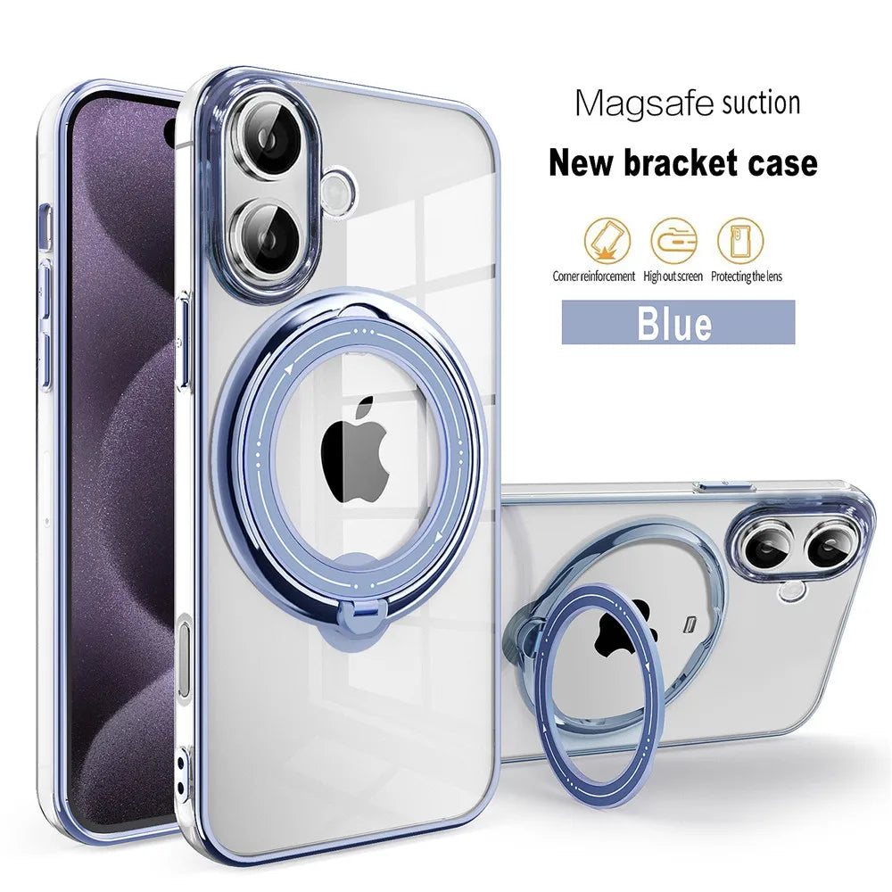 Clear phone case with blue ring stand.