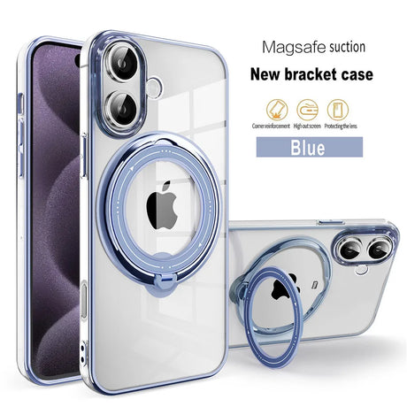 Clear phone case with blue ring stand.