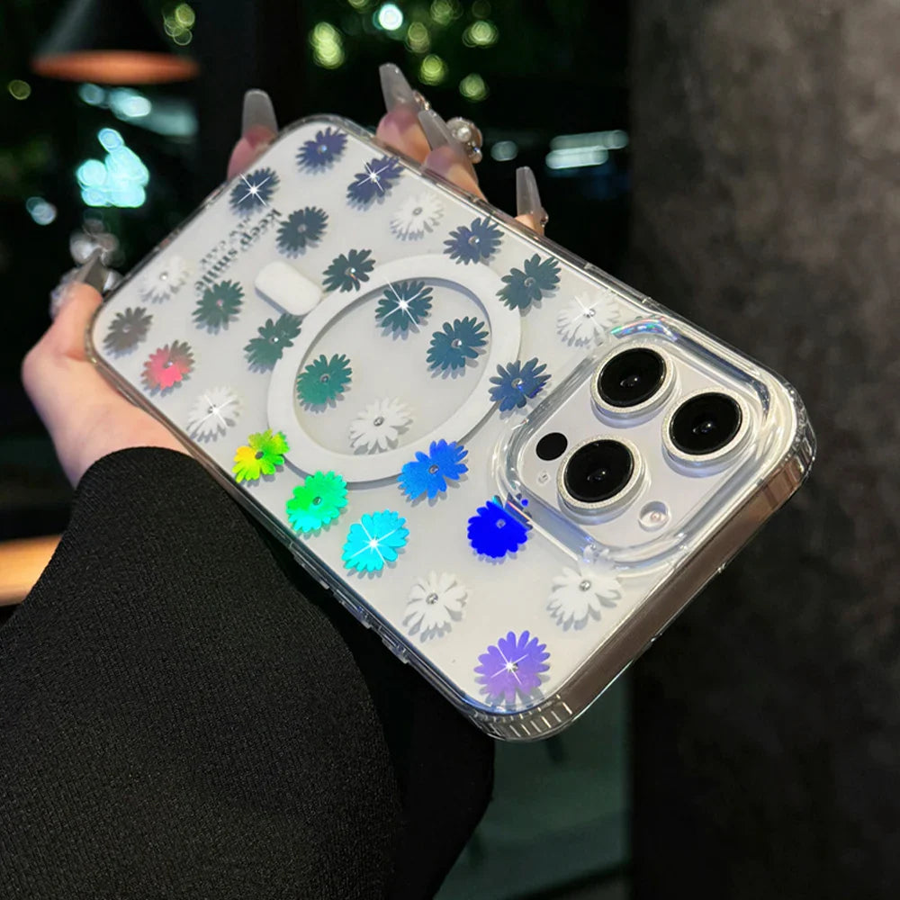 Clear phone case with colorful flower design.