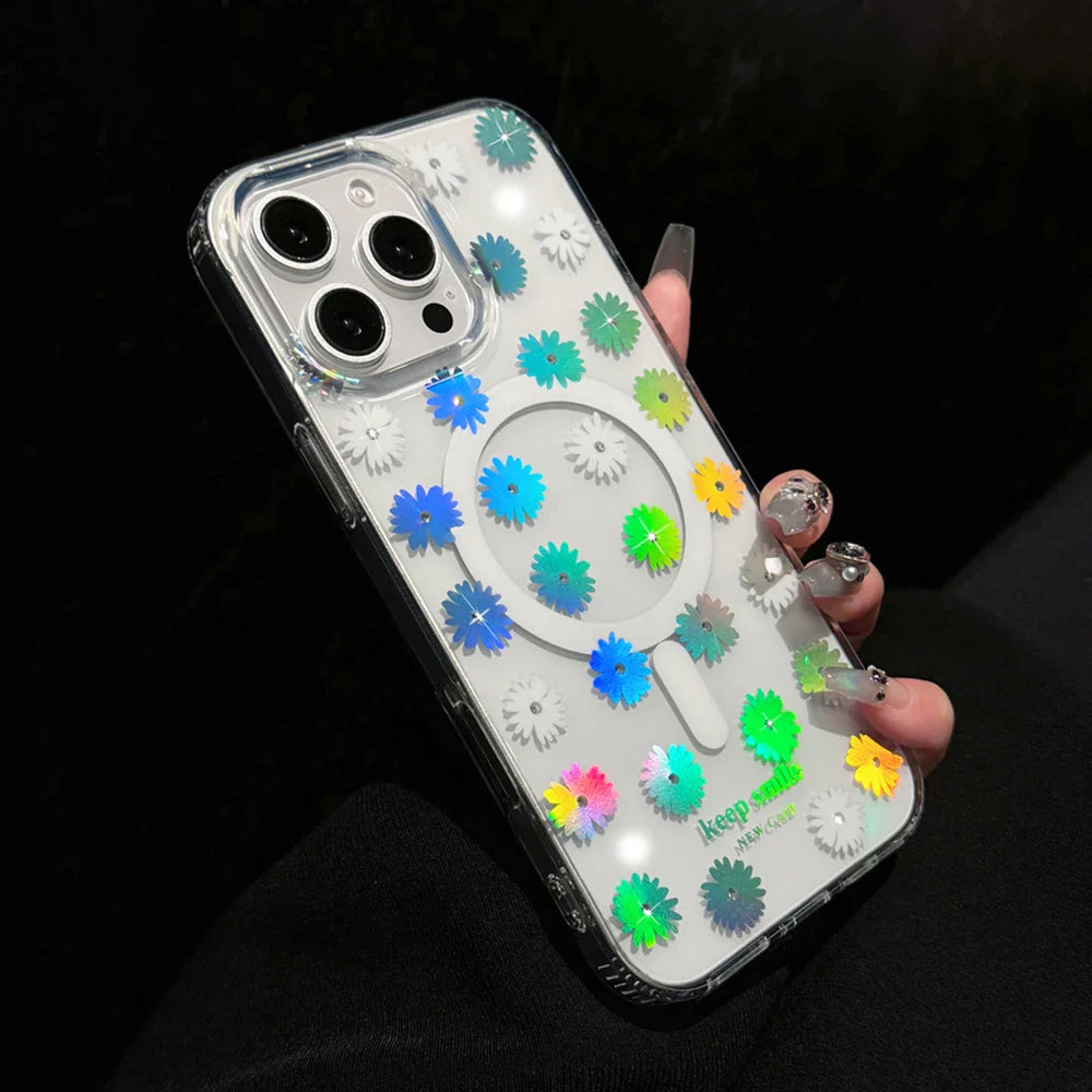 Clear phone case with colorful flower design.