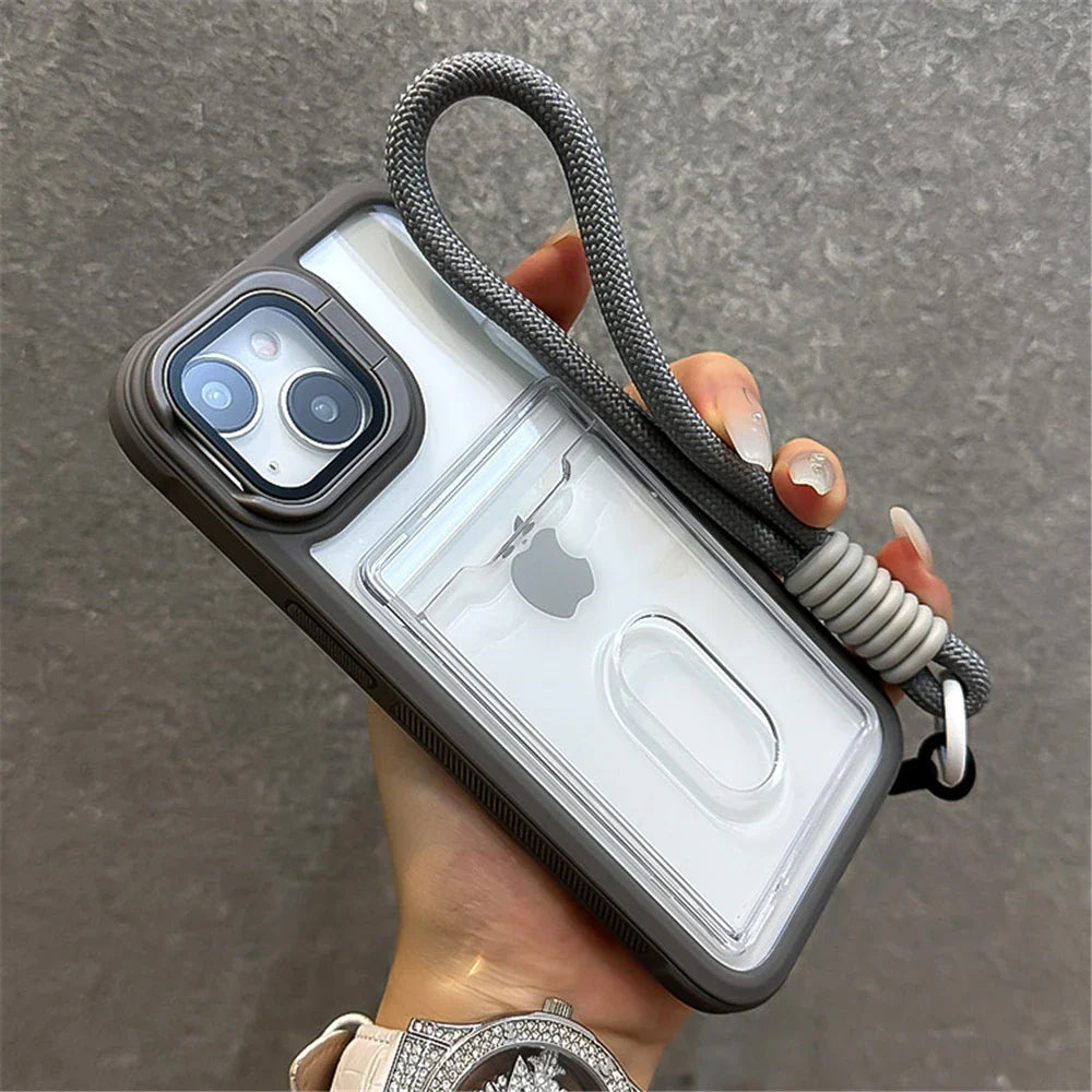 Clear phone case with gray trim and lanyard.