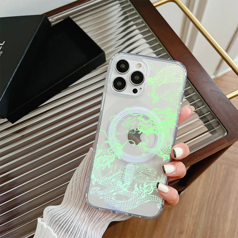 Clear phone case with a glowing green dragon design and a MagSafe ring.