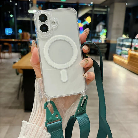 Clear phone case with green strap.