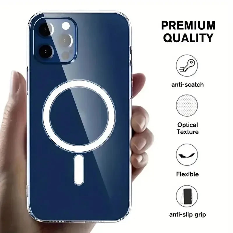 Clear phone case with MagSafe compatibility and protective features.