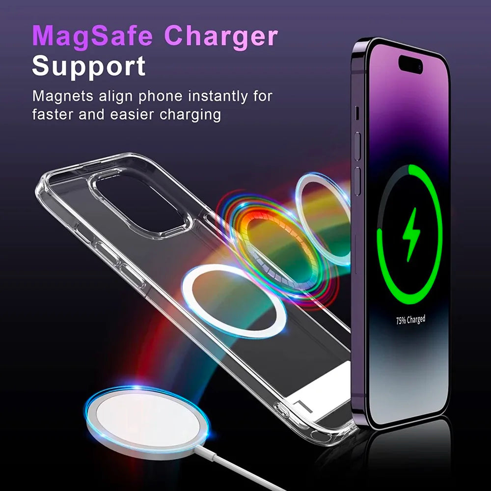 Clear phone case with MagSafe charger support.
