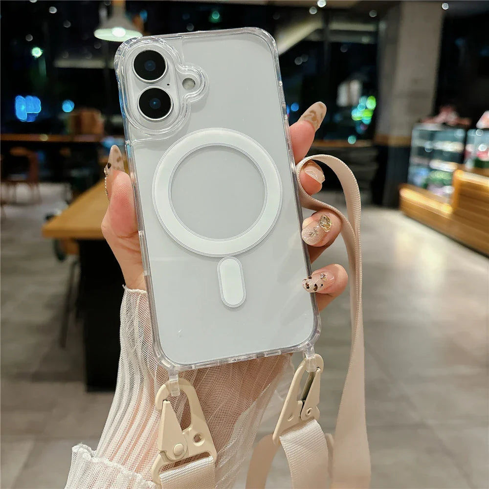 Clear phone case with MagSafe ring and lanyard.