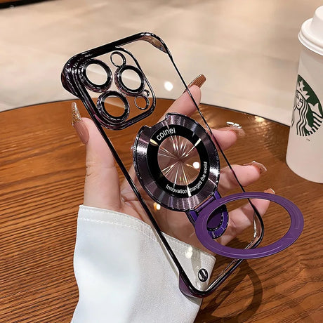 Clear phone case with a metallic ring stand.