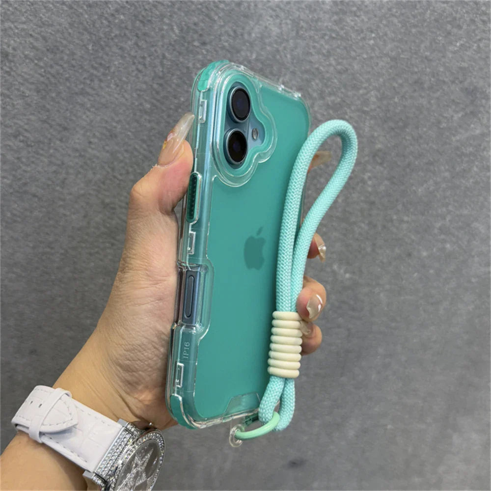 Clear phone case with a mint-colored lanyard.