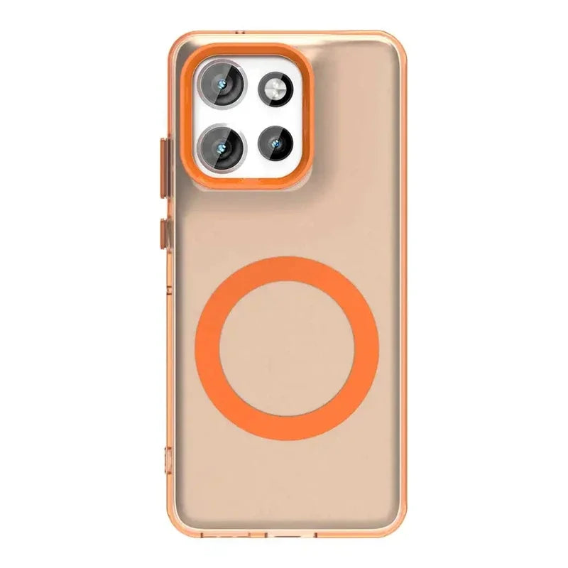 Clear phone case with an orange camera bezel accent and a built-in orange magnetic ring for wireless charging.