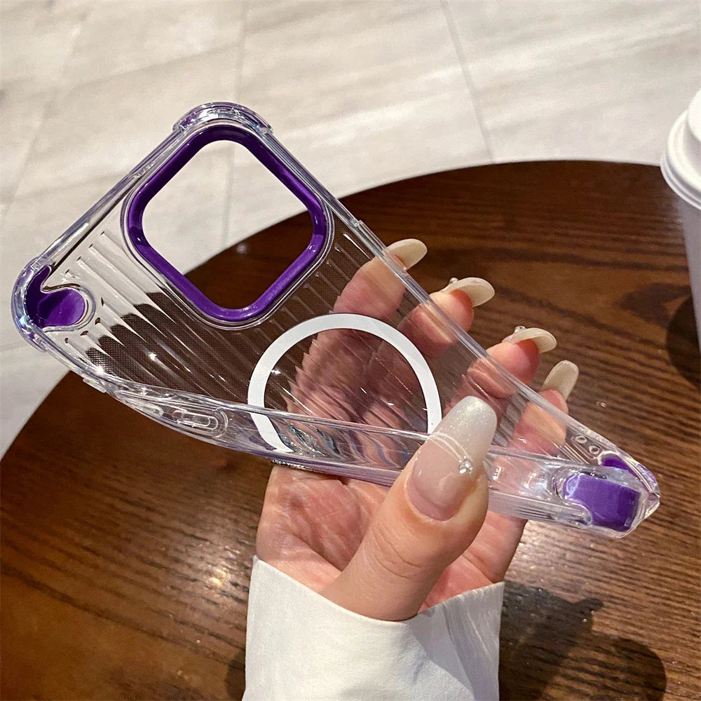 Clear phone case with purple accents.