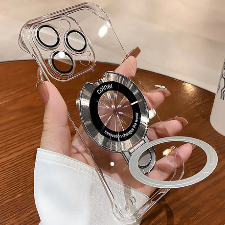 Clear phone case with ring stand.