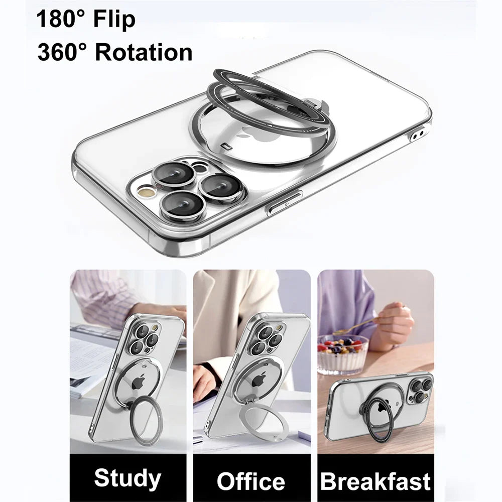 Clear phone case with rotating ring stand.