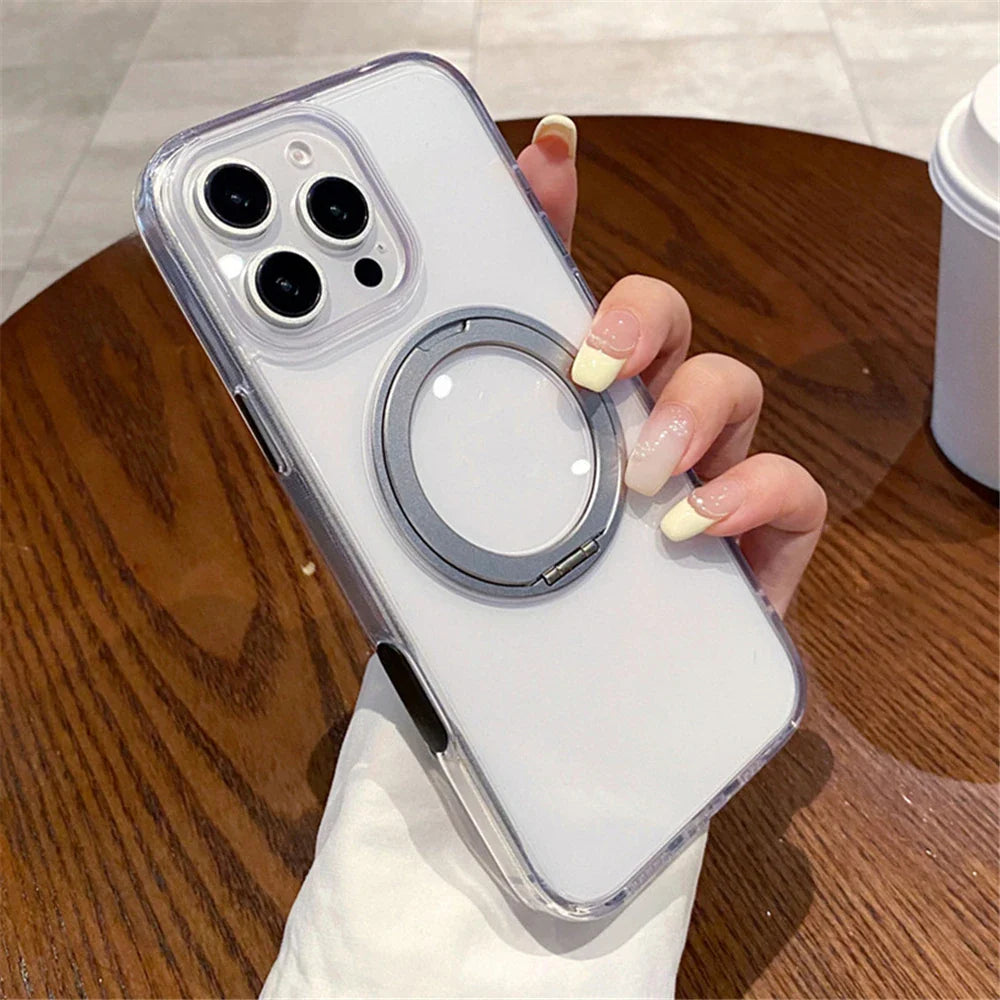 Clear phone case with ring stand.