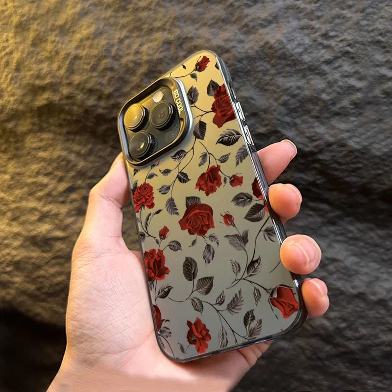Back side of a clear retro matte phone case with vibrant red rose and green leaves for Samsung Galaxy by silcool