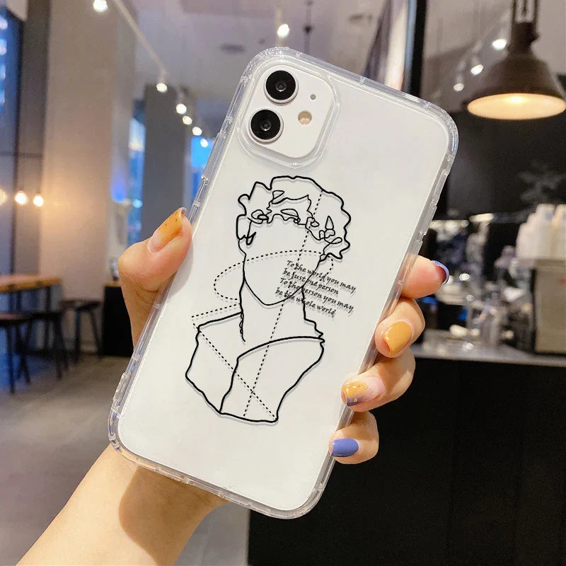 Clear phone case for samsung galaxy with black line art classical bust and abstract art design on white background