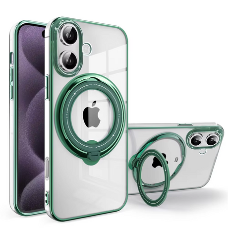 Clear phone cases with green accents and ring stands.