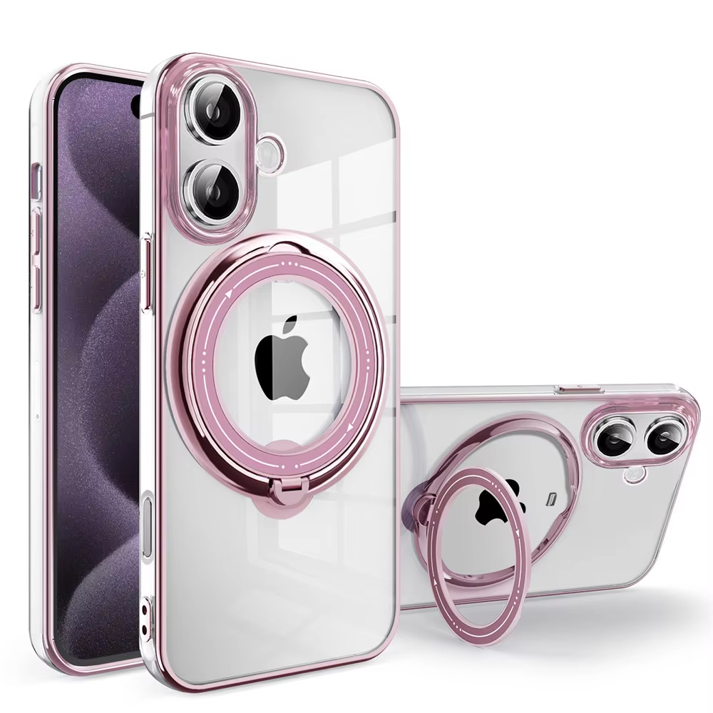 Clear phone cases with pink accents and ring stands.
