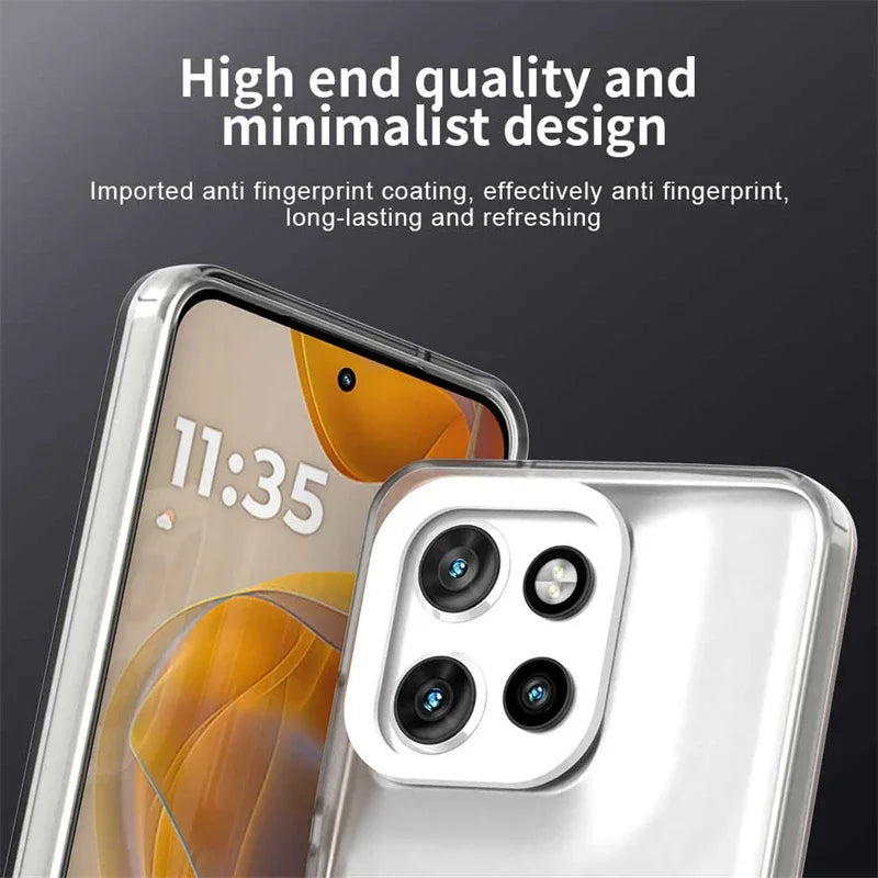 Clear protective phone case with an anti-fingerprint coating.