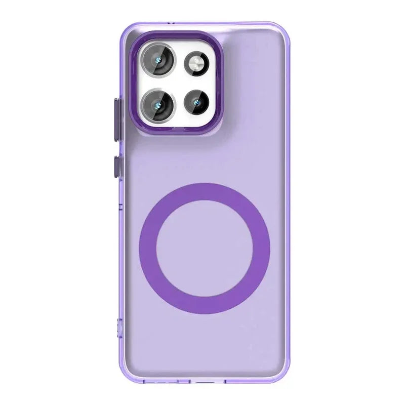 A clear purple phone case with a camera cutout and a circular magnetic ring.