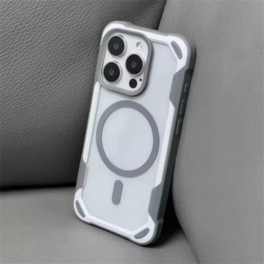 A clear smartphone case with gray-white reinforced corners and a built-in MagSafe ring.